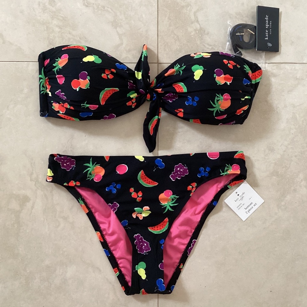 Kate Spade NY Black Colorful Summer Fruit Print Bikini Set Bandeau Swimsuit